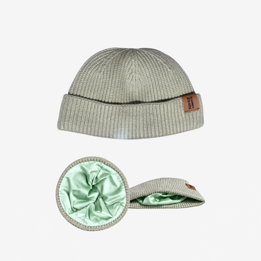 Sage Locked In satin-lined beanie, front view above circular interior and angled lining views.